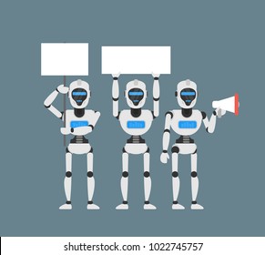 robots android protest with banner and megaphone