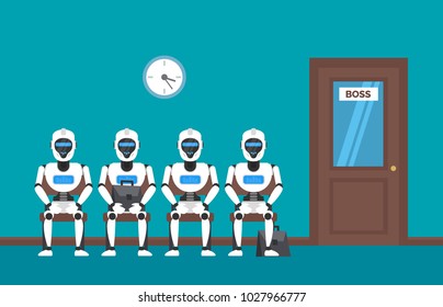 robots android sitting in office corridor waiting for job interview