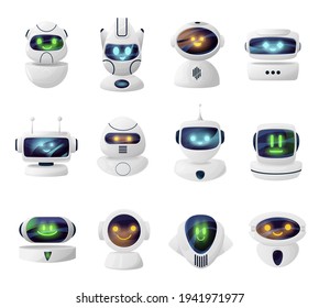 Robots, androids heads with cute faces on screen. Smiling androids cartoon characters, artificial intelligence robot mascot or cybernetic alien life form with glowing eyes and mouth on display vector