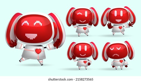 Robots animal character vector set. Robotic girl characters with happy, cute and sad face expression in pixel element for kids friendly kawaii modern cyborg collection design. Vector illustration.
