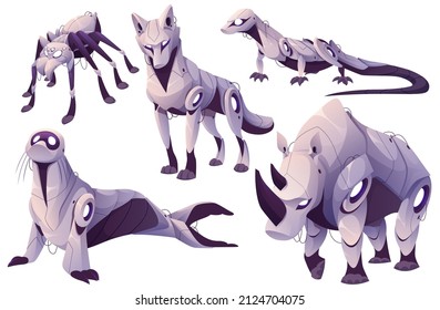 Robots animals, cyborgs spider, wolf, lizard, seal and rhino cartoon characters. Futuristic technology cyber monsters, robotics electronic machines personages, digital objects isolated vector set