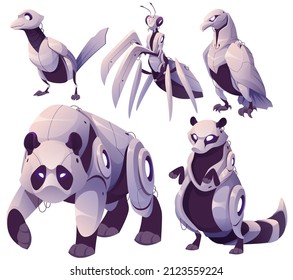 Robots animals, futuristic cyborgs birds magpie and eagle, panda, wasp and raccoon. Cartoon robotics cyber characters, artificial intelligence mechanical and electronic personages, isolated vector set