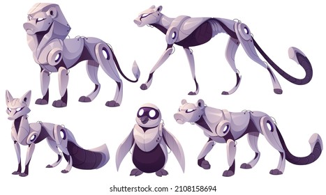 Robots animals, futuristic technology cyborgs panther, lion, fox, penguin, cheetah. Cartoon robotics cyber characters, artificial intelligence mechanical and electronic personages isolated vector set