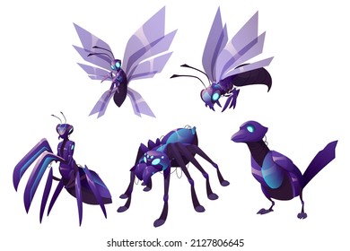 Robots animals magpie, wasp, bee, mantis and spider. Robotics mechanical monsters cyborgs bird and insects with glowing eyes and mechanical body. Cartoon futuristic weapon cyber machines, Vector set