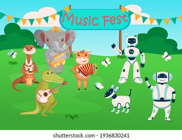 Robots and animals musicians playing musical instruments at music fest concert. Cute digital cyborgs mascots. Flat vector illustration. Futuristic robotic technology concept