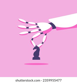 Robot's arm holds a chess knight. The concept of machine learning for artificial intelligence. Ai Vision. Vector illustration in cartoon style.