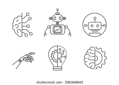 Robots with artificial intelligence icon set. Outline thin line illustrations. 