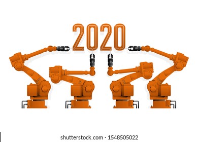 Robots assemble inscription "2020". Vector illustration