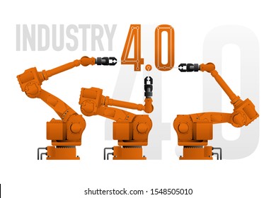 Robots assemble inscription "4.0". Smart industry concept. Vector illustration