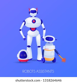 Robots assistants of various shape for different purposes on violet background vector illustration