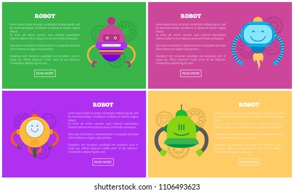Robots automated mechanisms collection with text under headlines, buttons or gears, bots set that have fire and wheels, isolated vector illustrations.