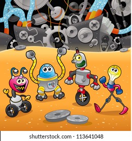 Robots with background. Cartoon and vector illustration.