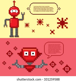 Robots banner set. Pixel art. Old school computer graphic style.