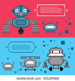 Robots banner set. Pixel art. Old school computer graphic style.