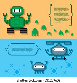Robots banner set. Pixel art. Old school computer graphic style.