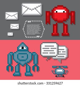 Robots banner set. Pixel art. Old school computer graphic style.