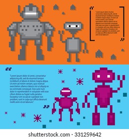 Robots banner set. Pixel art. Old school computer graphic style.