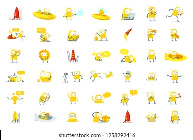 Robots big set character. Yellow color version. Search, ufo and others. Collection illustration.