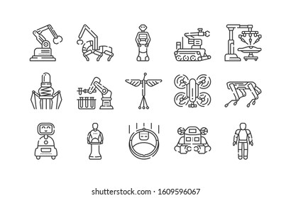 Robots black line icons set. Innovation in technology. Assistants for people in different industries. Sign for web page, app. UI UX GUI design element. Editable stroke.