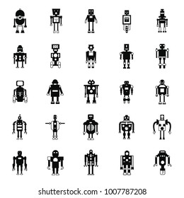 Robots black simple silhouette Icons set. Vector illustration with mechanic and elecrtic robots in silhouette style. Technology objects.