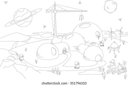 Robots build a futuristic building on the planet. Coloring book. Vector illustration