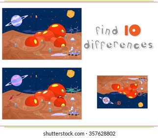Robots build a futuristic building on the planet. Educational game for kids: find ten differences. Vector illustration
