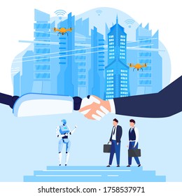 Robots in business future robotic technology, businessmans human hand shaking robots on futuristic cityscape flat vector illustration. Concept business automation system of artificial engineering.