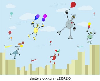 Robots Carrying balloons float up into the air vector illustration