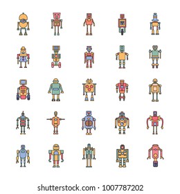 Robots cartoon Icons set. Vector illustration with mechanic and elecrtic robots in color cartoon style. Technology objects.
