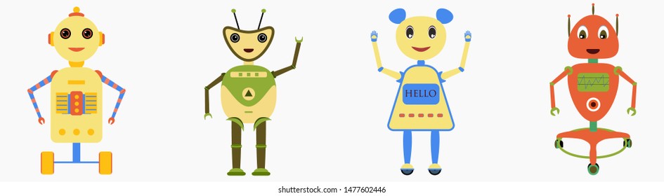 Robots in cartoon style. Isolated vector robots in a white background
