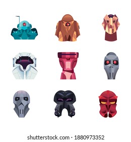 Robots cartoons icon set of robotic technology futuristic toy future machine cyborg science android and fiction theme Vector illustration