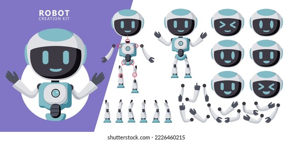 Juego de vectores del kit de creación de caracteres Robots. Caracteres editables de robots con brazos y piernas posan y gestos para el diseño del cuerpo de inteligencia artificial. Ilustración vectorial.
