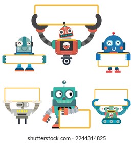 Robots character holding white board, Cyborg character holding empty white board for presentation,
Set of robot characters, Technology, Future. Cartoon Vector illustration