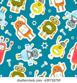 Robots Character Stickers seamless background.. Isolated vector robots stickers