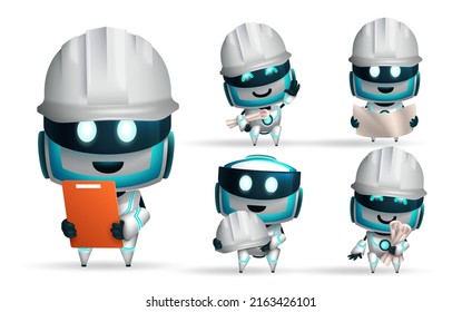 Robots character vector set design. Robot ai characters with hard hat and blueprint layout elements for robotic engineer collection. Vector illustration.
