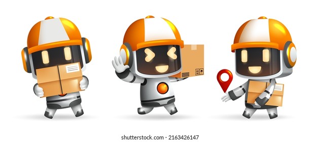Robots character vector set design. Robot delivery characters with box and pin icon elements isolated in white background for robotic ai collection. Vector illustration.

