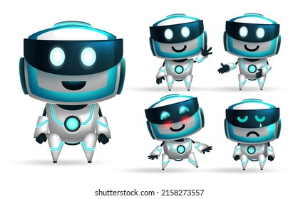 Robots Character Vector Set. Robotic 3d Characters Collection With Waving, Blushing And Crying Gestures In Standing Pose For Kids Friendly Technology Modern Design. Vector Illustration.
