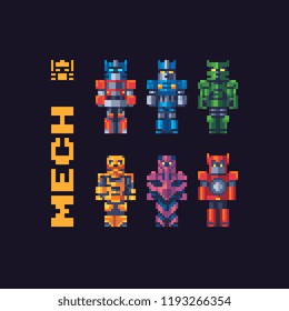 Robots characters. Battle cyborg warrior future. Abstract humanoid, low poly, cubism, fantastic creatures, alien pixel art sci fi video game character, isolated vector illustration. 8-bit sprite.