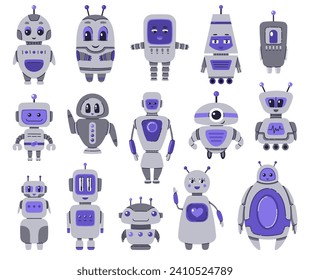 Juego de caracteres Robots. Bots de charla, mascotas de bots de IA, ciborgs digitales, servicio de tecnología futurista. Inteligencia artificial de la comunicación. Ilustración vectorial en el estilo del doodle de dibujos animados