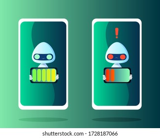 Robots with a charged and discharged battery in their hands on the phone screen. Cartoon style. Vector stock illustration.