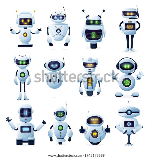 Robots and chatbots, AI bots characters,\
vector cartoon vector future mascots. Android robots, chatbots and\
digital cyborgs, futuristic technology service and communication\
artificial intelligence