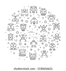 Robots circular banner. AI thin line icons set. Robot character outline sign kit. Transformer linear icon collection. Cyborg simple black contour symbol isolated on white. Vector Illustration