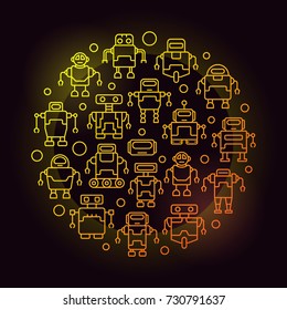 Robots circular yellow line illustration - vector round symbol made with robot icons on dark background