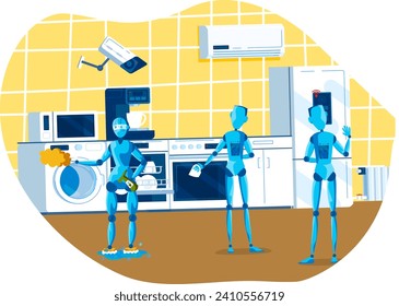 Robots cleaning kitchen, doing laundry and organizing fridge. Futuristic home automation with AI technology. Smart home and robotic helpers vector illustration.