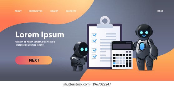 robots with clipboard and calculator financial data report organization process analytics accounting