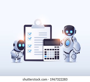 robots with clipboard and calculator financial data report organization process analytics accounting