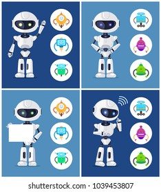 Robots collection and icons with humanoids, robots set and frame, thinking creature, waving and showing white board isolated on vector illustration