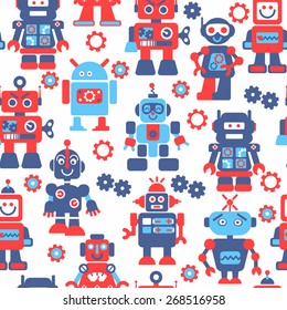 Robots color seamless pattern on white background.