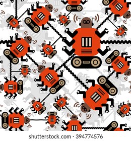 Robots color seamless pattern on white background. Orange brown robots.
