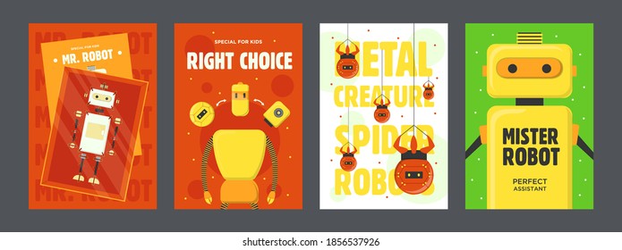 Robots colorful posters set. Humanoids, cyborgs, spiders vector illustrations with text on red, green, white background. Robotics concept for flyers and brochures design
